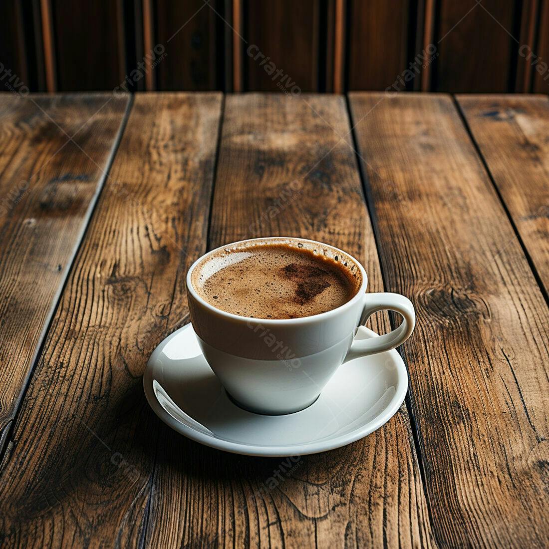 Xícara de café expresso em mesa de madeira