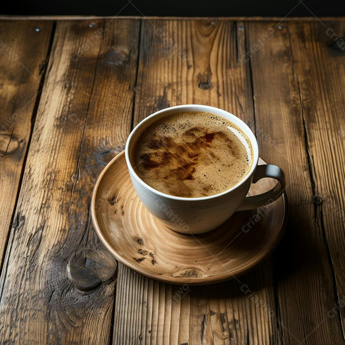 Xícara de café em mesa de madeira escura