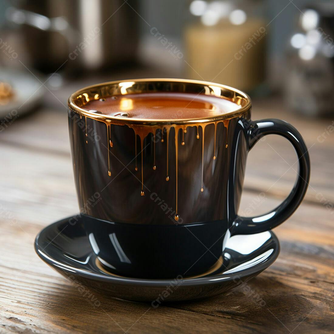 Caneca preta com detalhes dourados e café