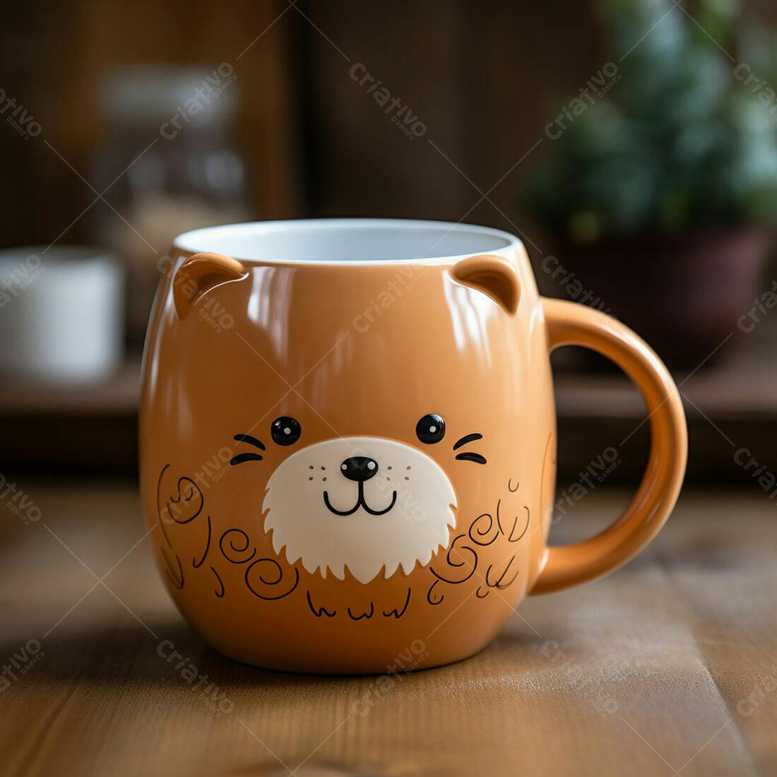 Caneca cerâmica marrom com desenho de urso