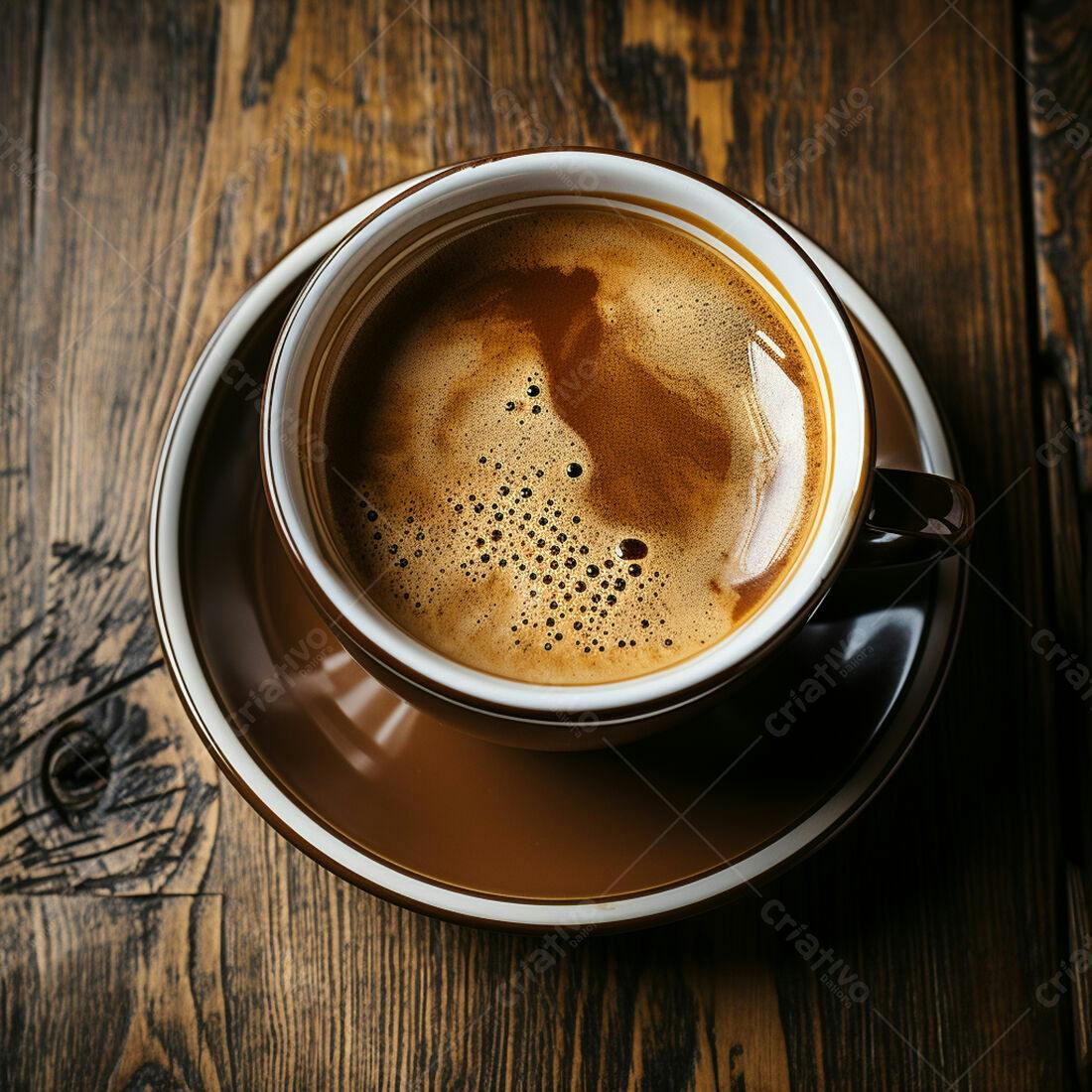 Café expresso em xícara marrom sobre madeira escura