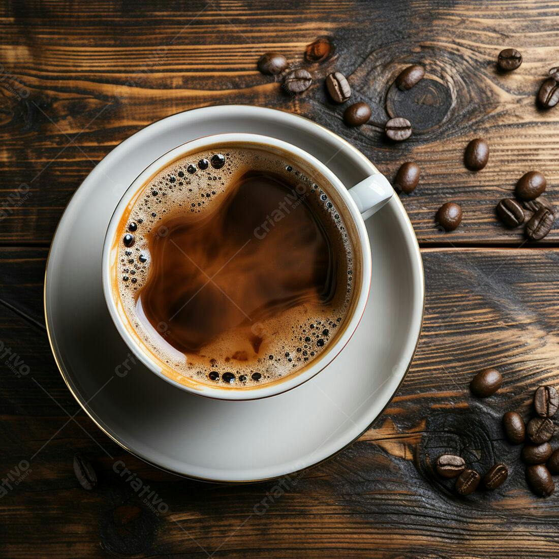 Café espresso em xícara branca sobre madeira escura