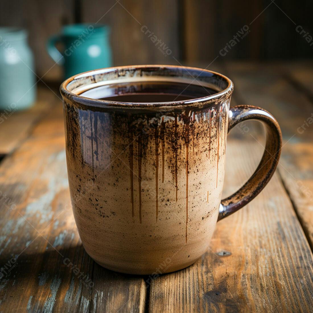 Caneca de cerâmica com café em mesa rústica