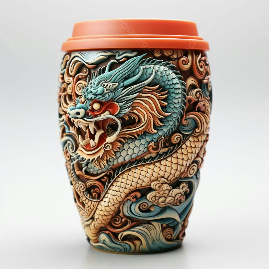 Caneca esculpida com dragão azul e dourado