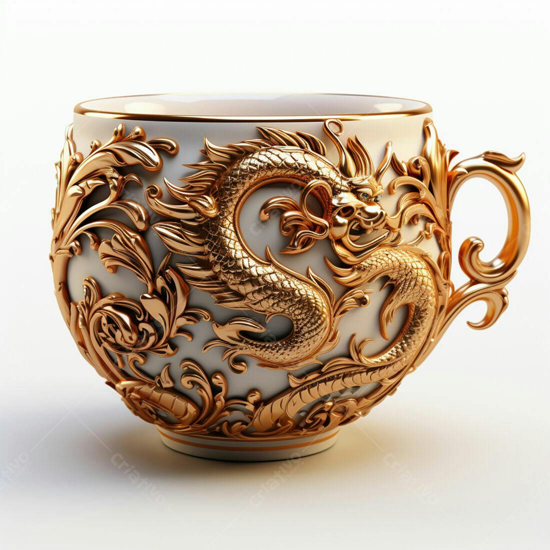 Xícara de porcelana com dragão dourado