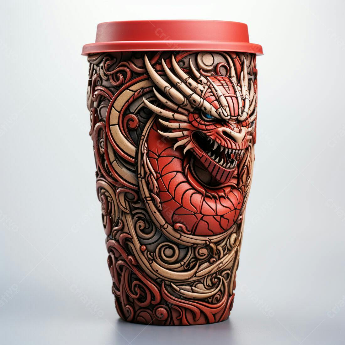 Caneca com Dragão Vermelho e Detalhes em Bege