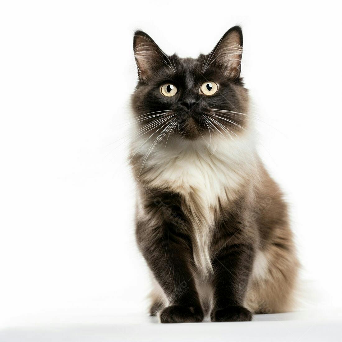 Gato bicolor sentado fundo branco