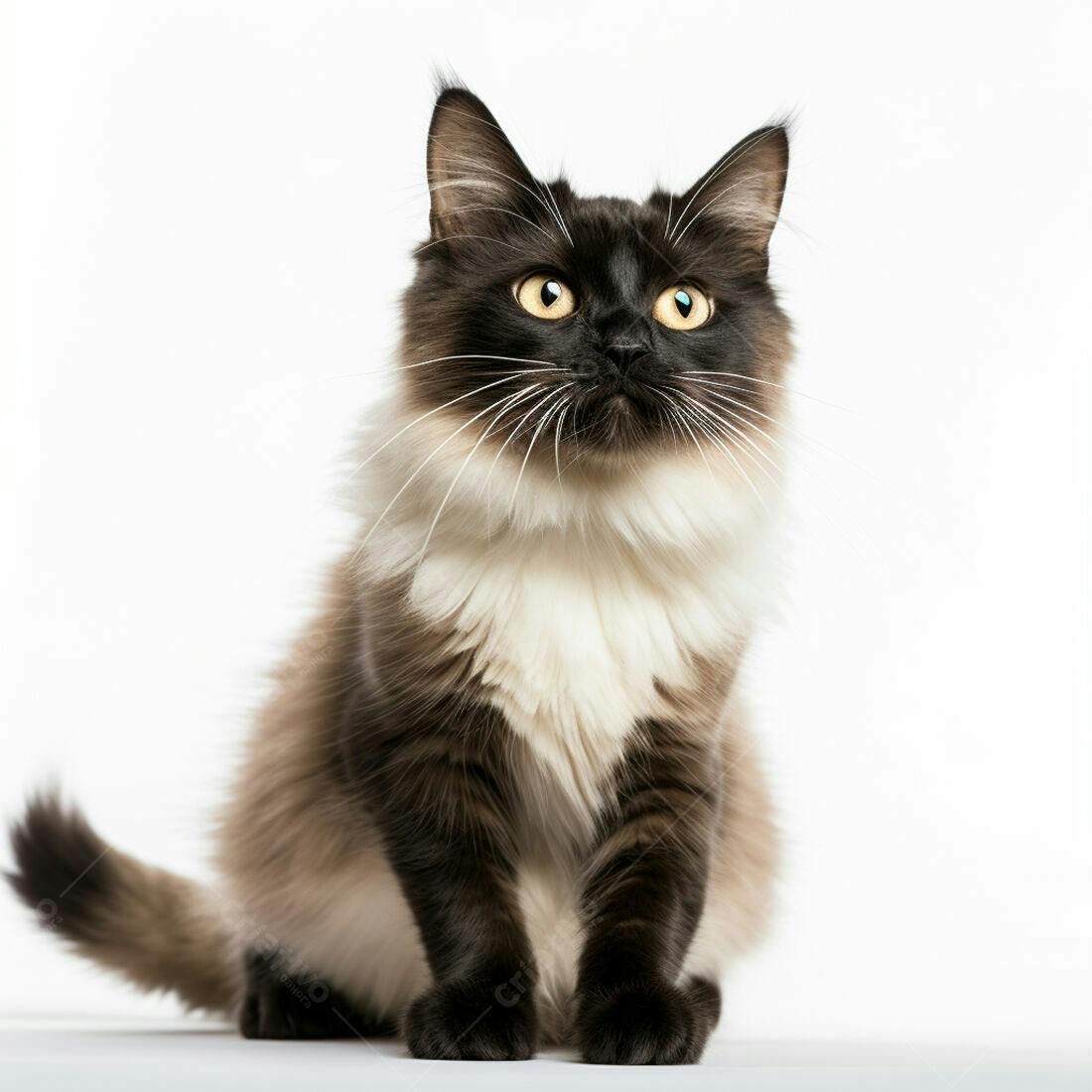Gato bicolor sentado fundo branco