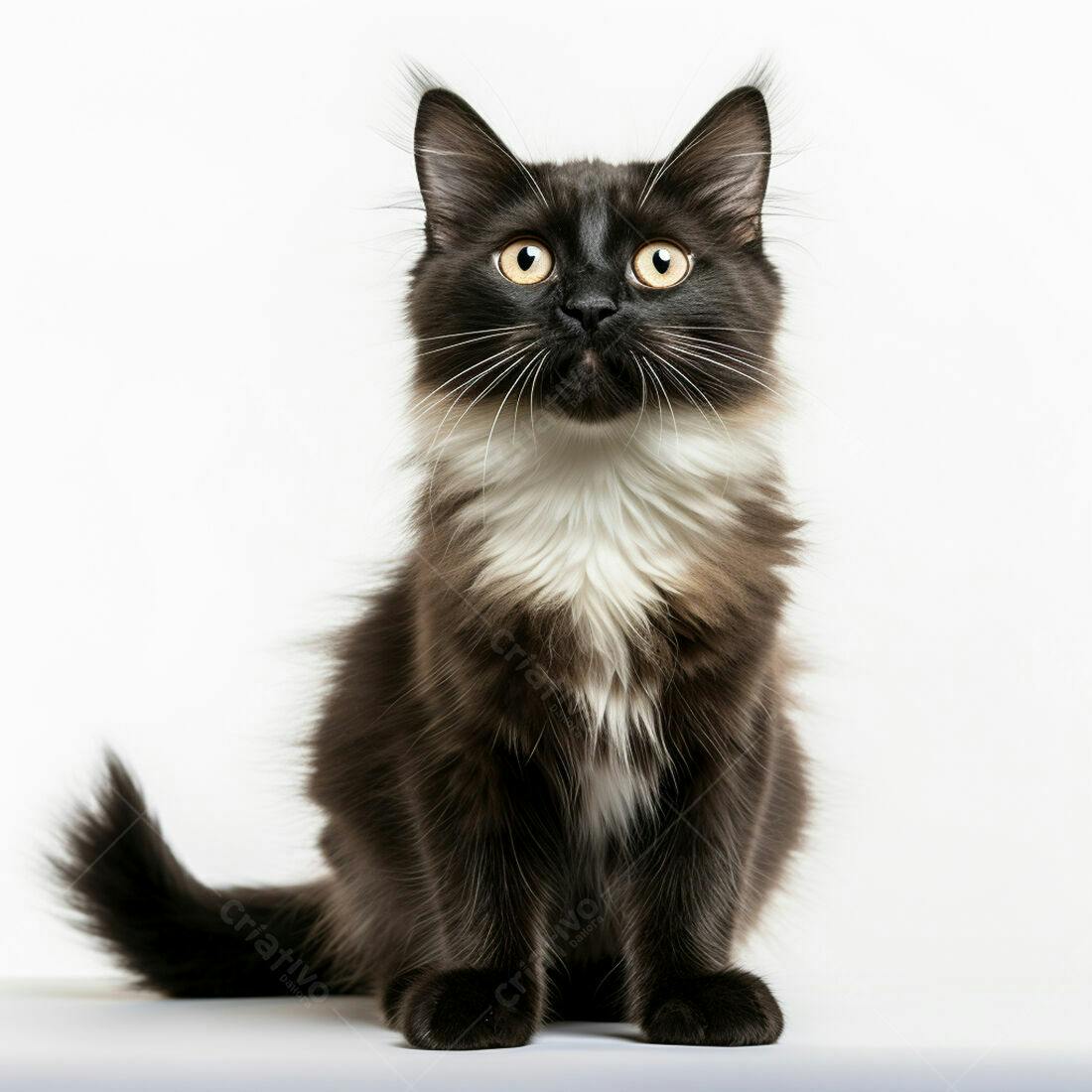 Gatinho bicolor preto e branco olhando para cima