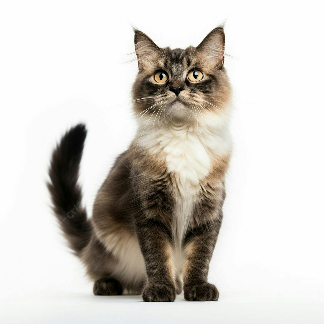Gato peludo marrom e branco em fundo branco