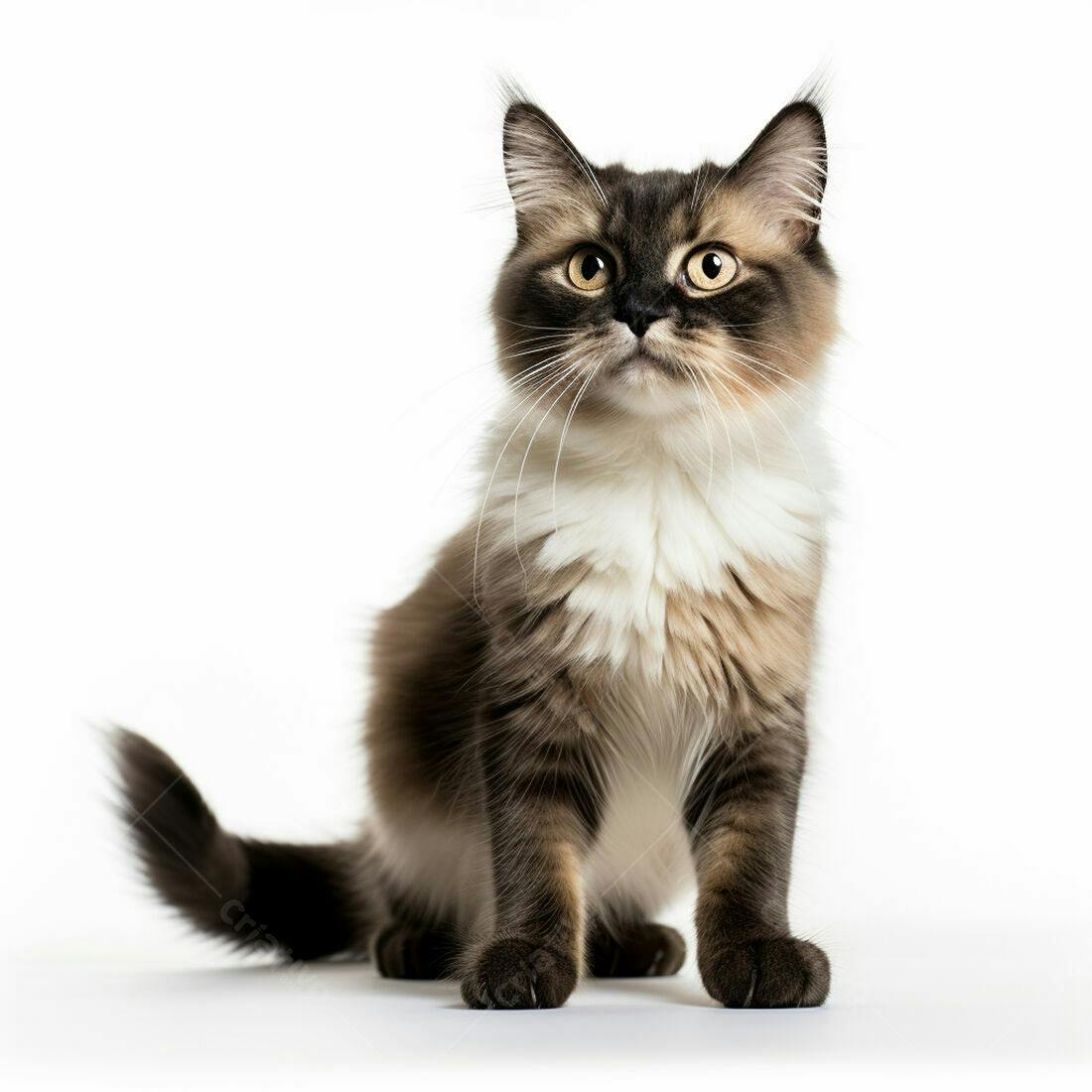 Gato persa marrom e branco em fundo branco