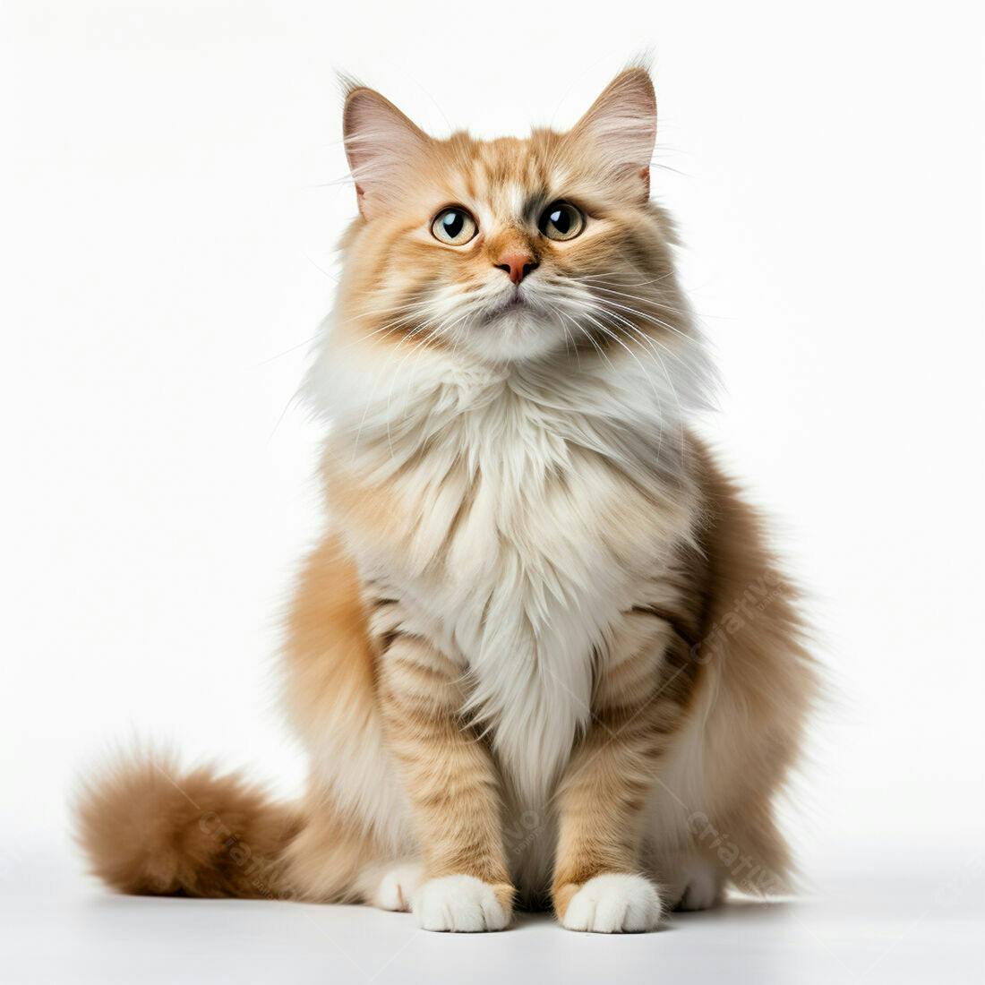 Gato vermelho e branco sentado fundo branco