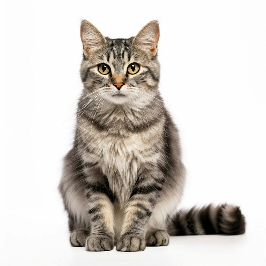 Gato cinza e branco sentado fundo branco