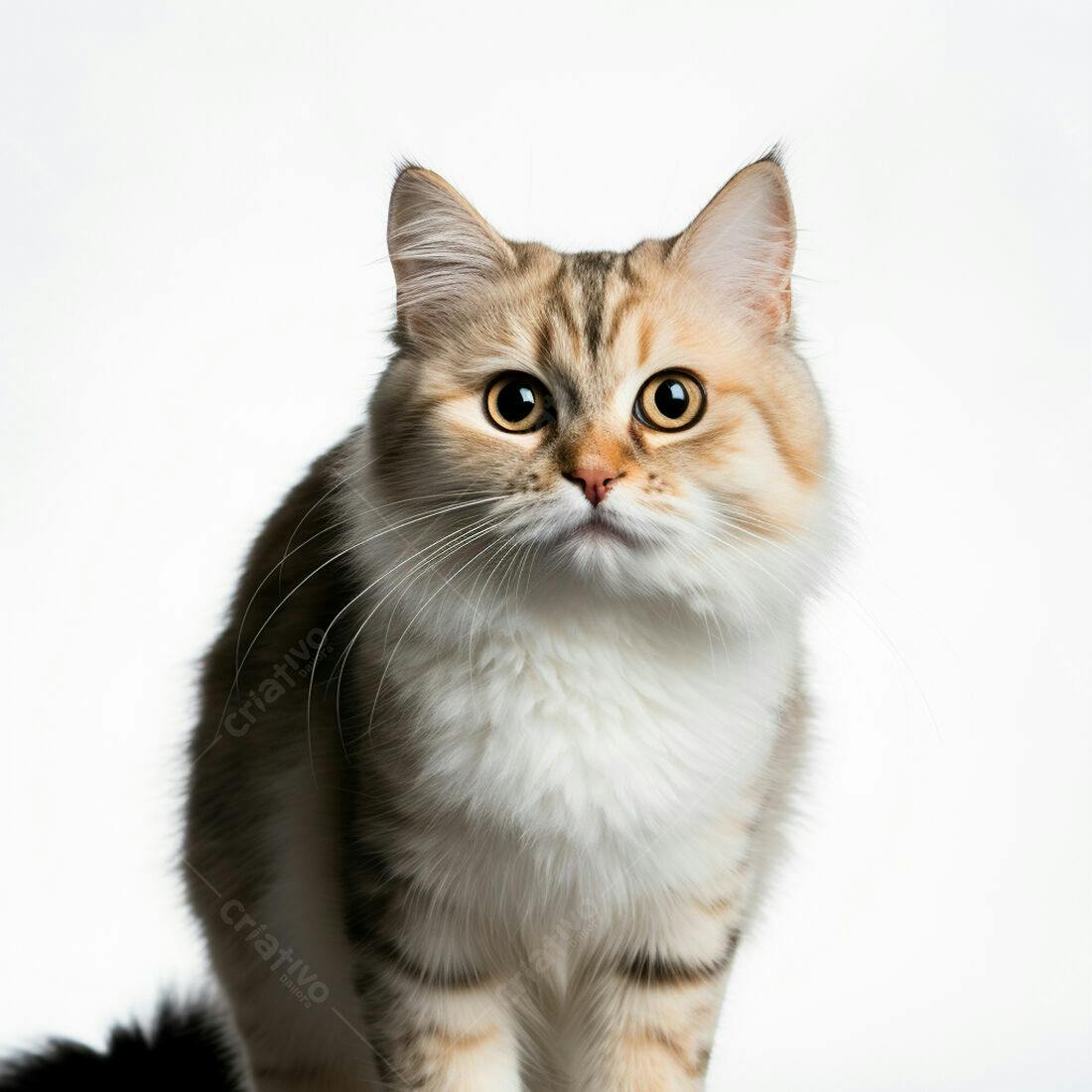 Gato persa com pelagem tricolor fundo branco