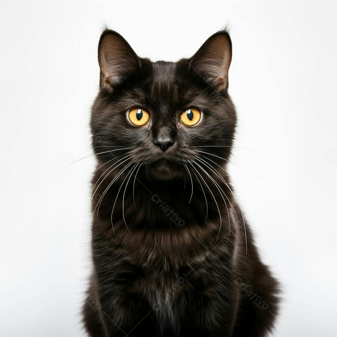 Gato preto com olhos amarelos fundo branco