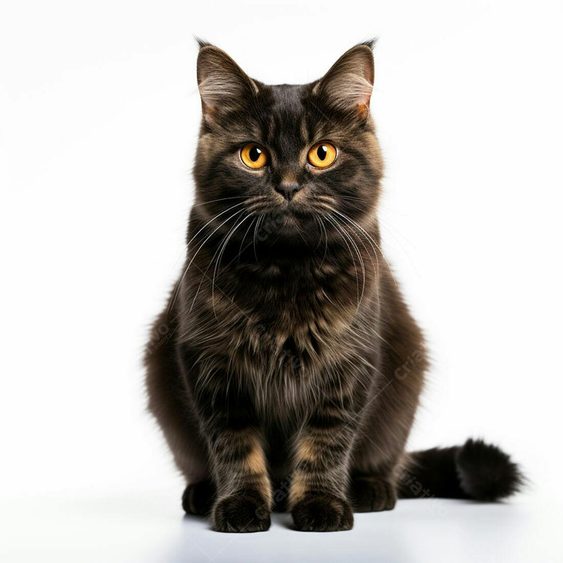 Gato marrom com olhos amarelos em fundo branco
