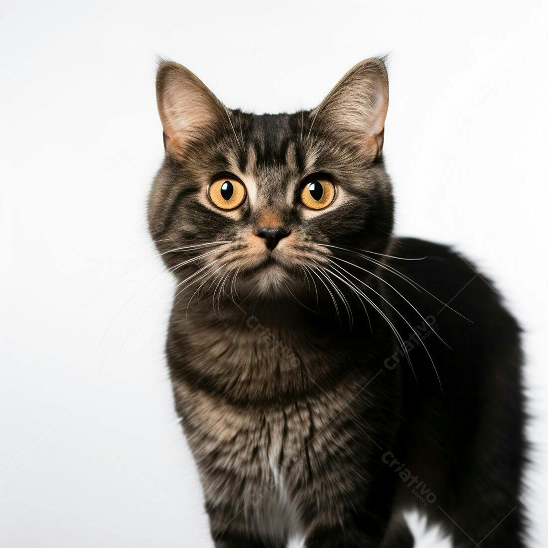 Gato marrom com olhos amarelos fundo branco