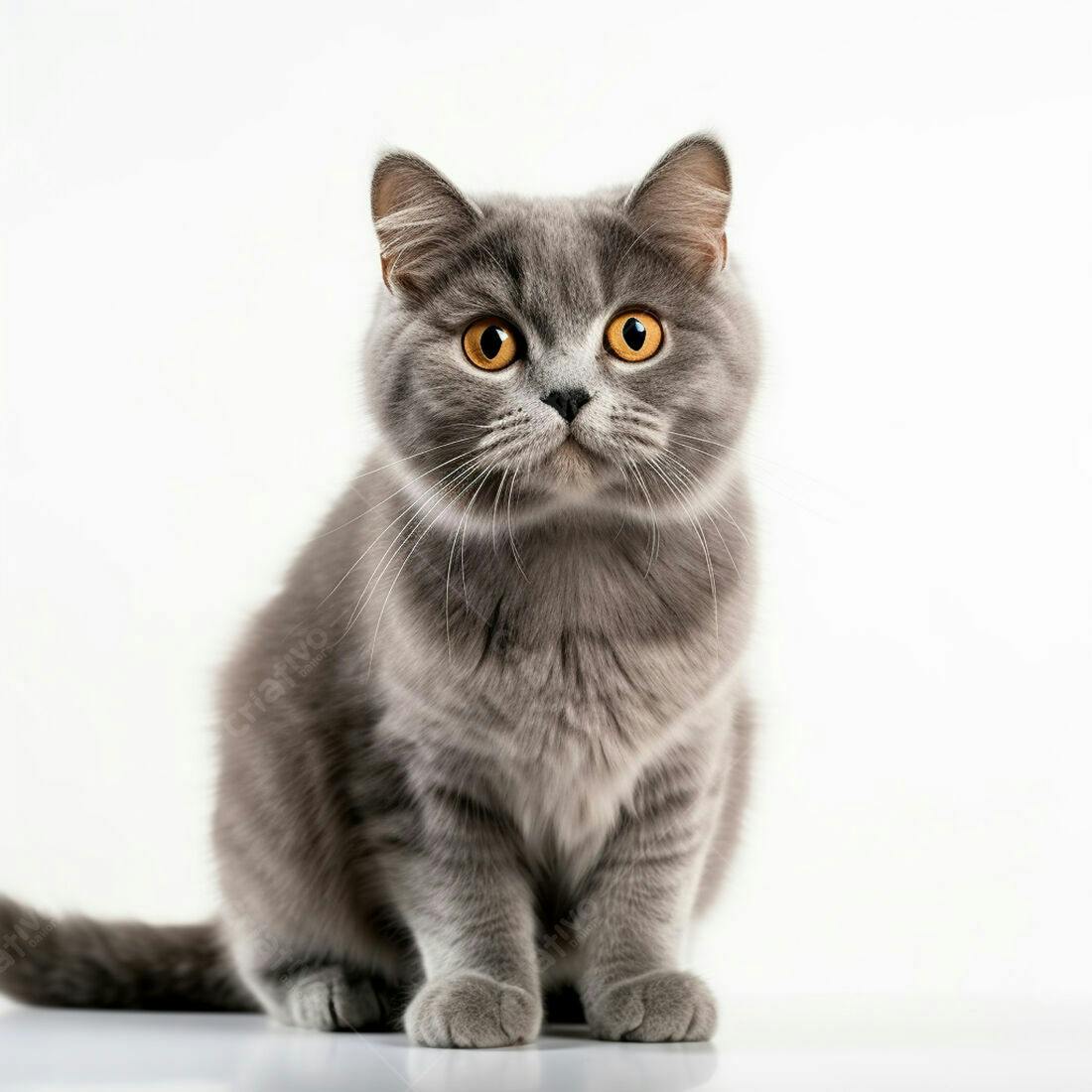 Gato cinza com olhos laranja em fundo branco