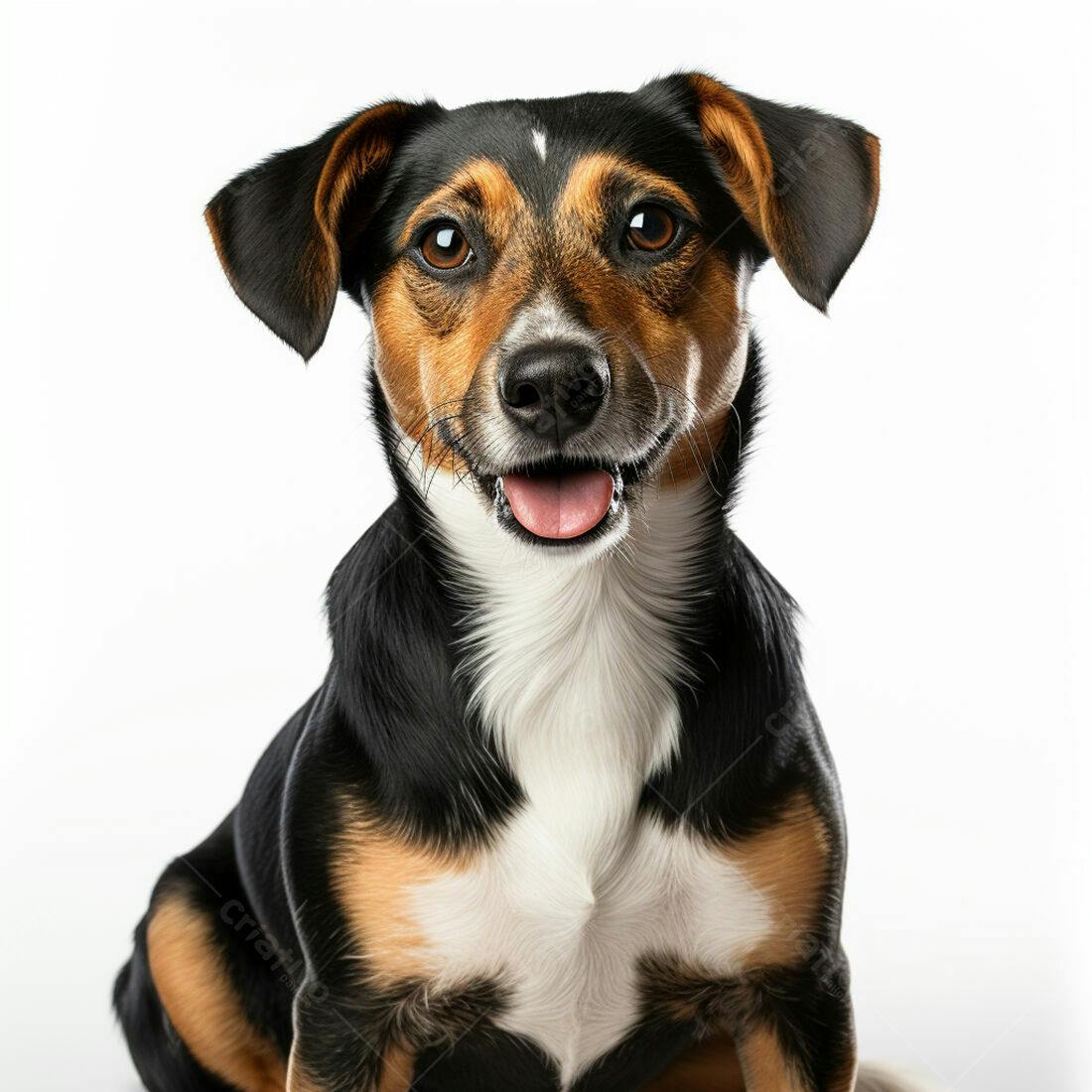 Cachorro feliz de pelagem tricolor fundo branco