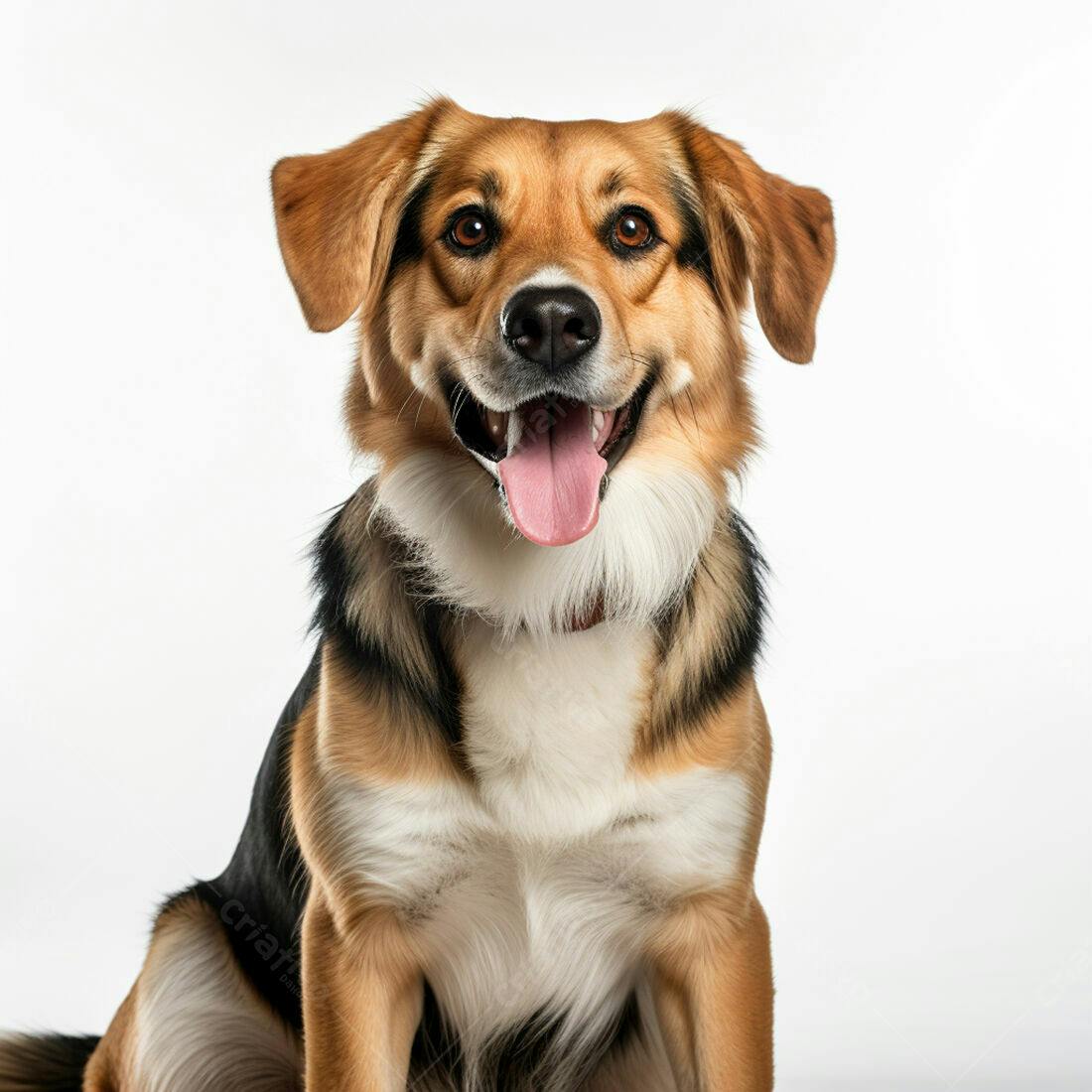 Cachorro feliz de pelagem tricolor fundo branco
