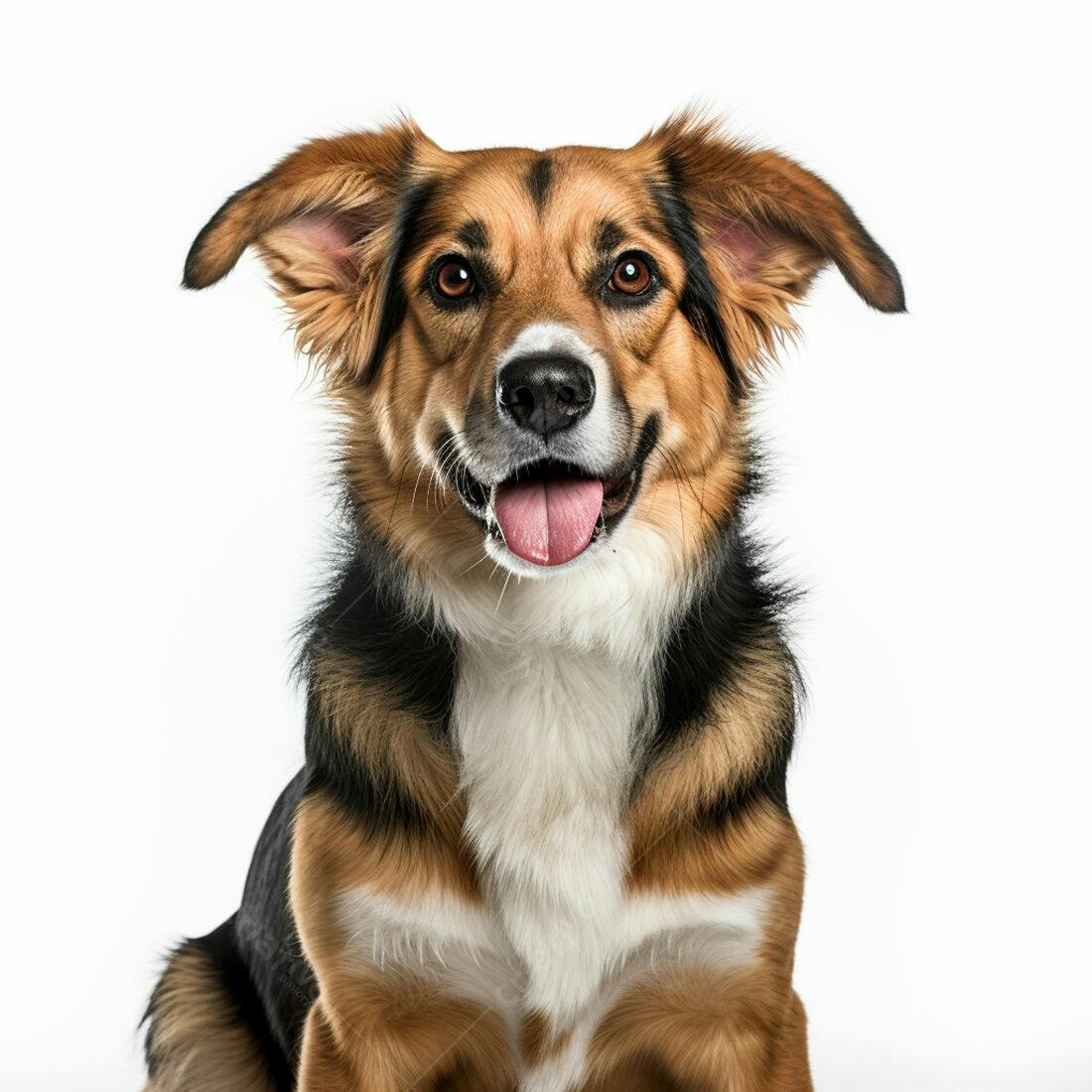 Cachorro feliz marrom e preto fundo branco
