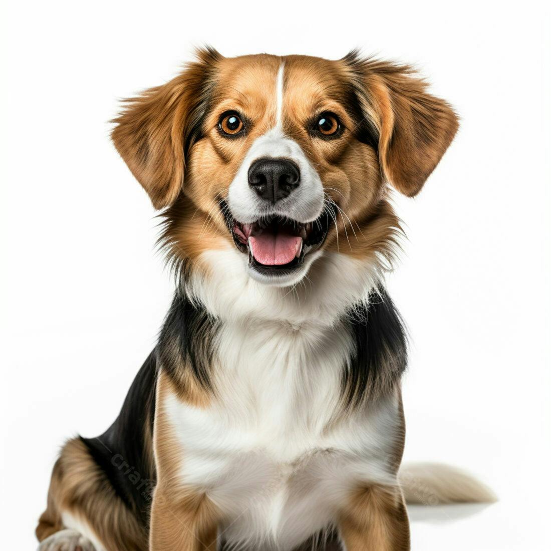 Cachorro feliz de pelagem tricolor fundo branco