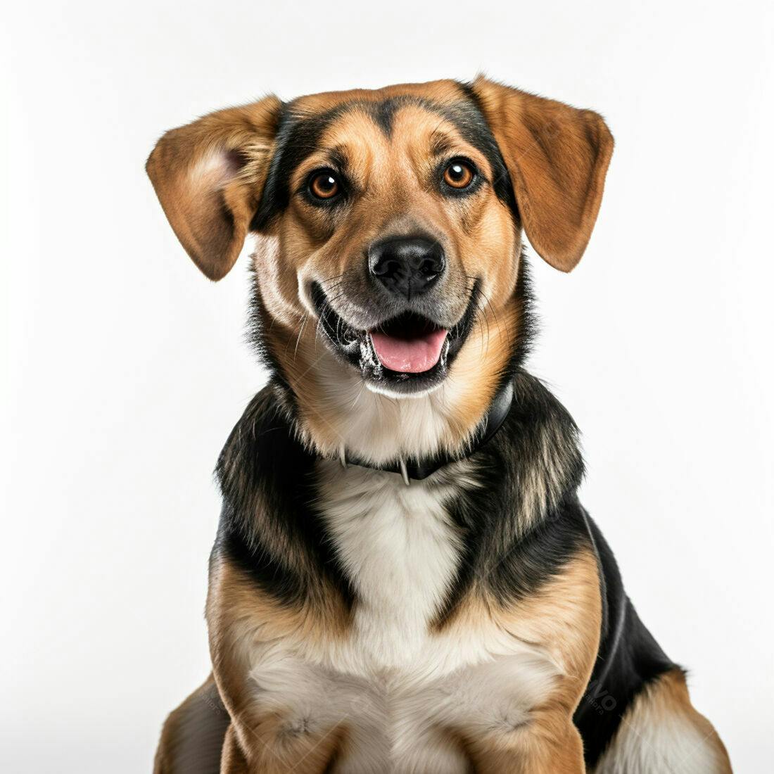 Cachorro alegre com pelagem tricolor fundo branco