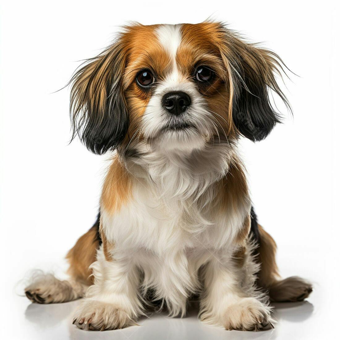 Cachorro peludo marrom e branco em estúdio