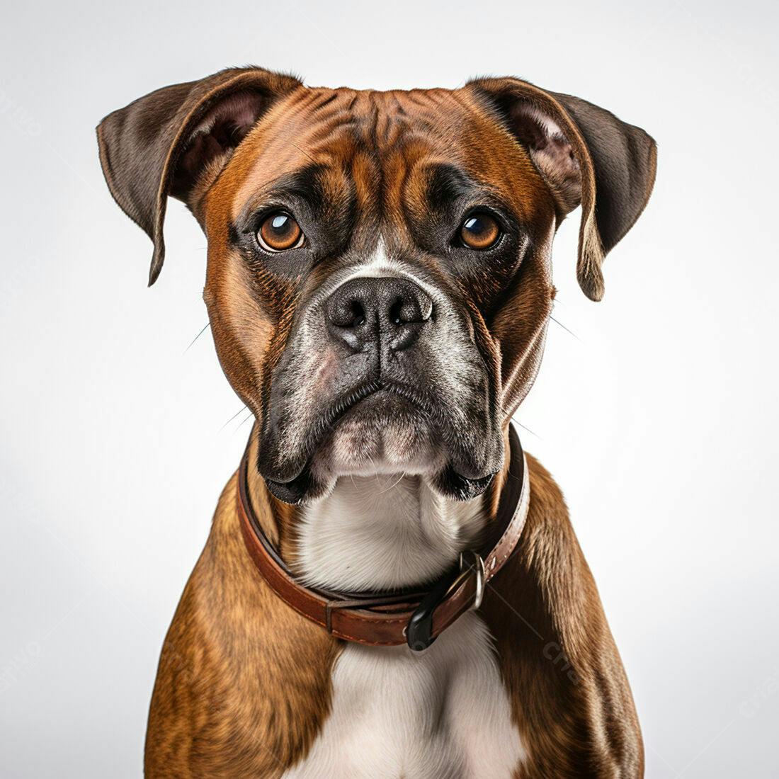 Boxer marrom com olhar sério fundo branco