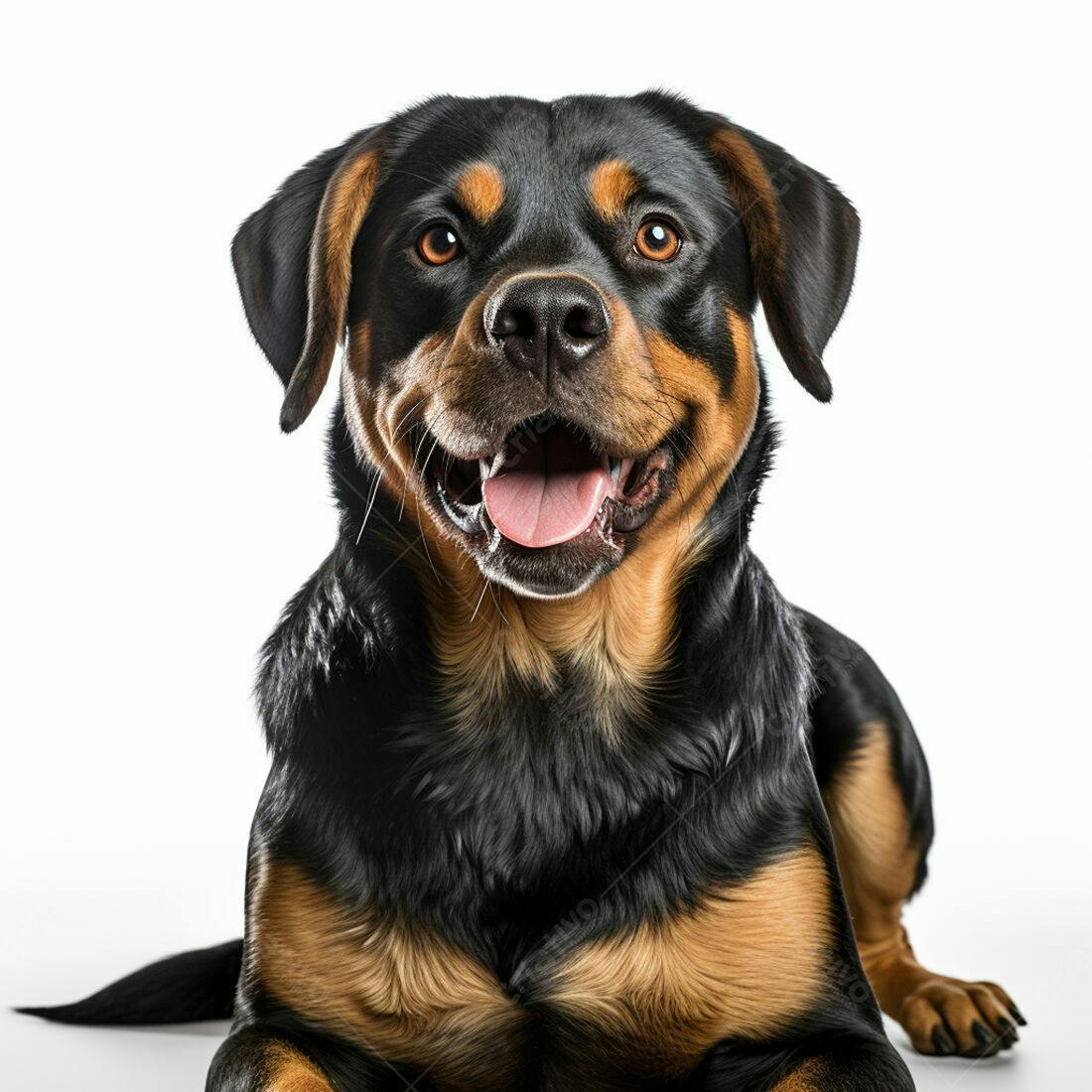 Cachorro Rottweiler feliz fundo branco
