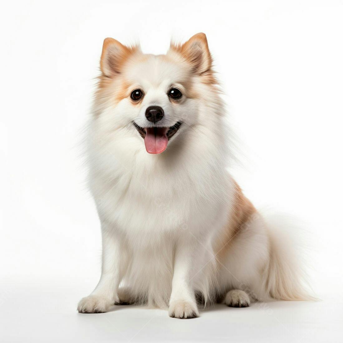 Cachorro Spitz Alemão Anão feliz fundo branco