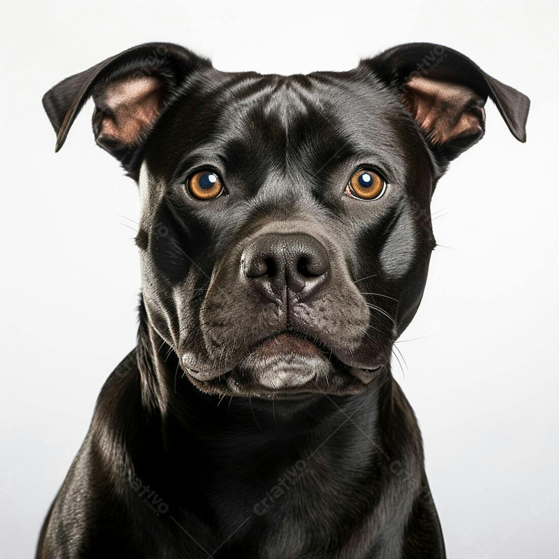 Pitbull preto olhar intenso fundo branco
