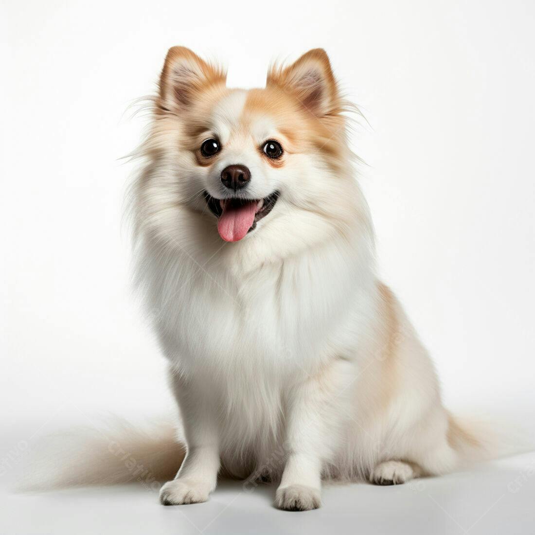 Cachorro Spitz Alemão Anão feliz em fundo branco