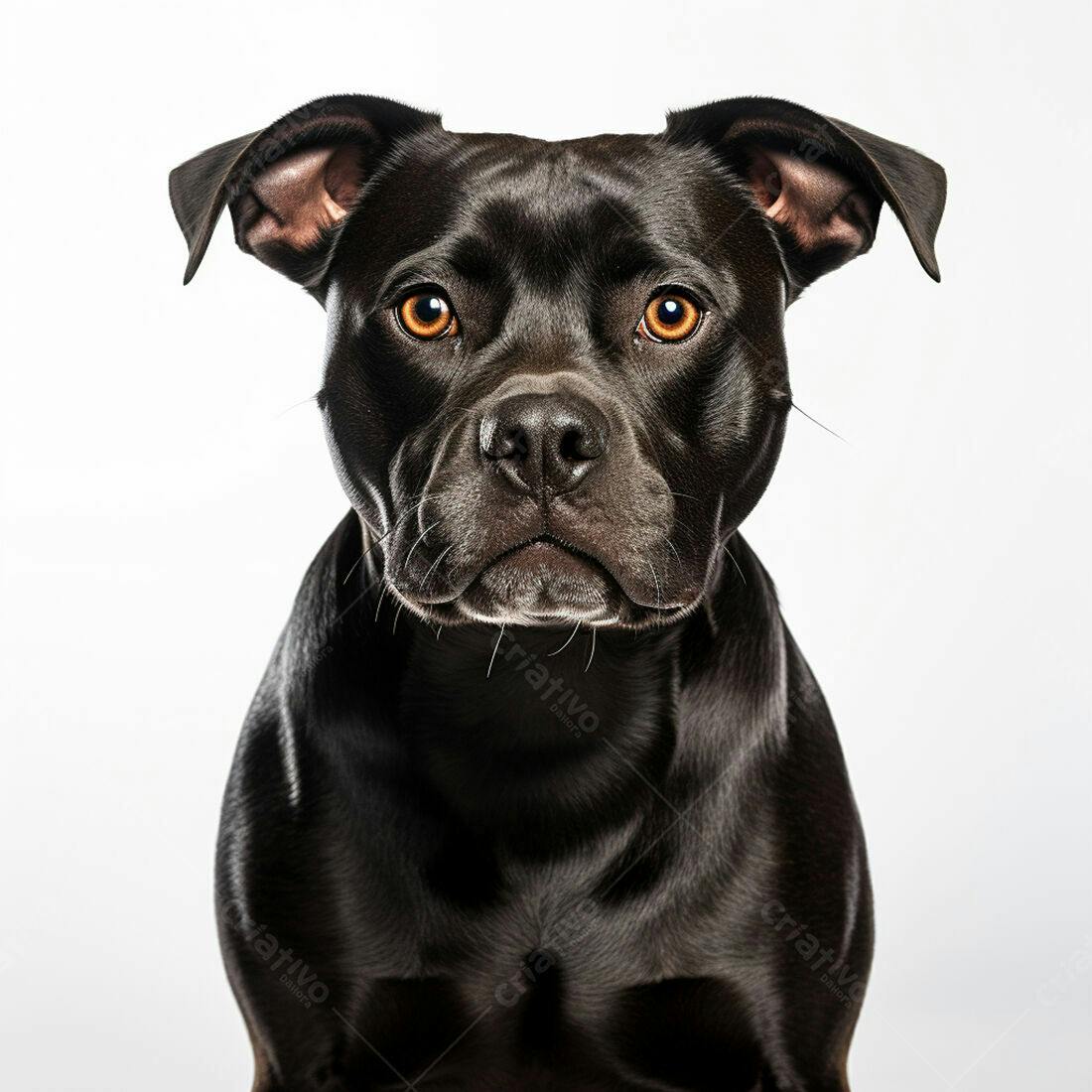 Pitbull preto olhar sério fundo branco