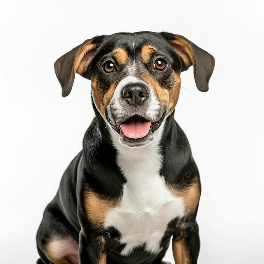 Cachorro feliz de pelagem tricolor fundo branco