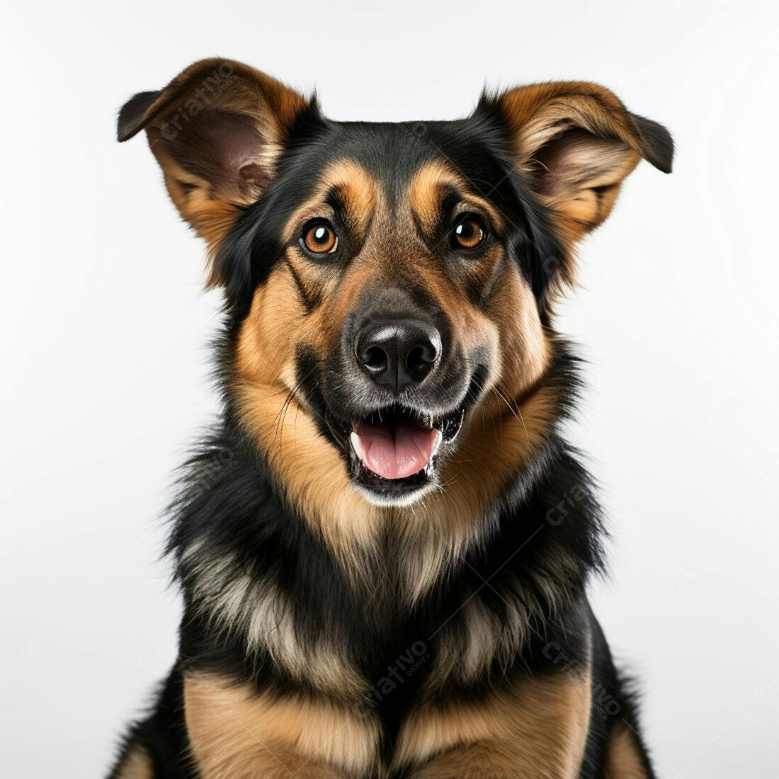 Cachorro sorridente marrom e preto fundo branco