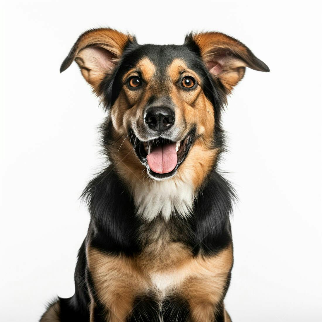 Cachorro feliz de pelagem tricolor fundo branco
