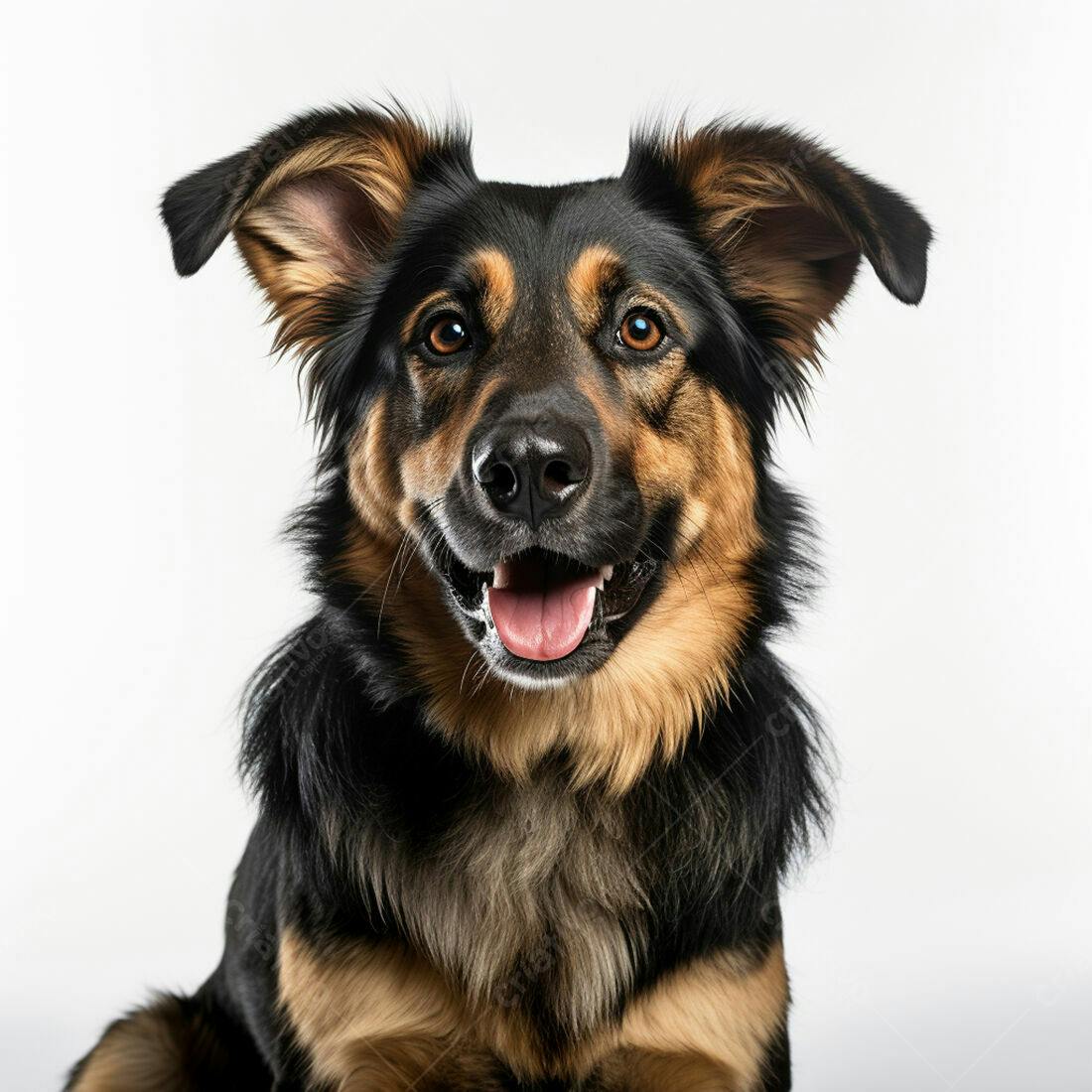 Cachorro feliz com pelagem preta e marrom