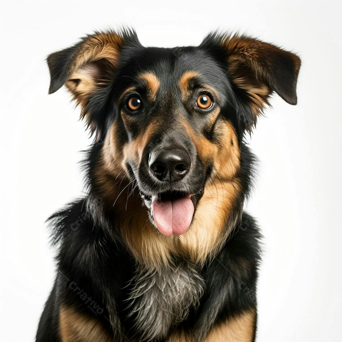 Cachorro preto e marrom alegre fundo branco