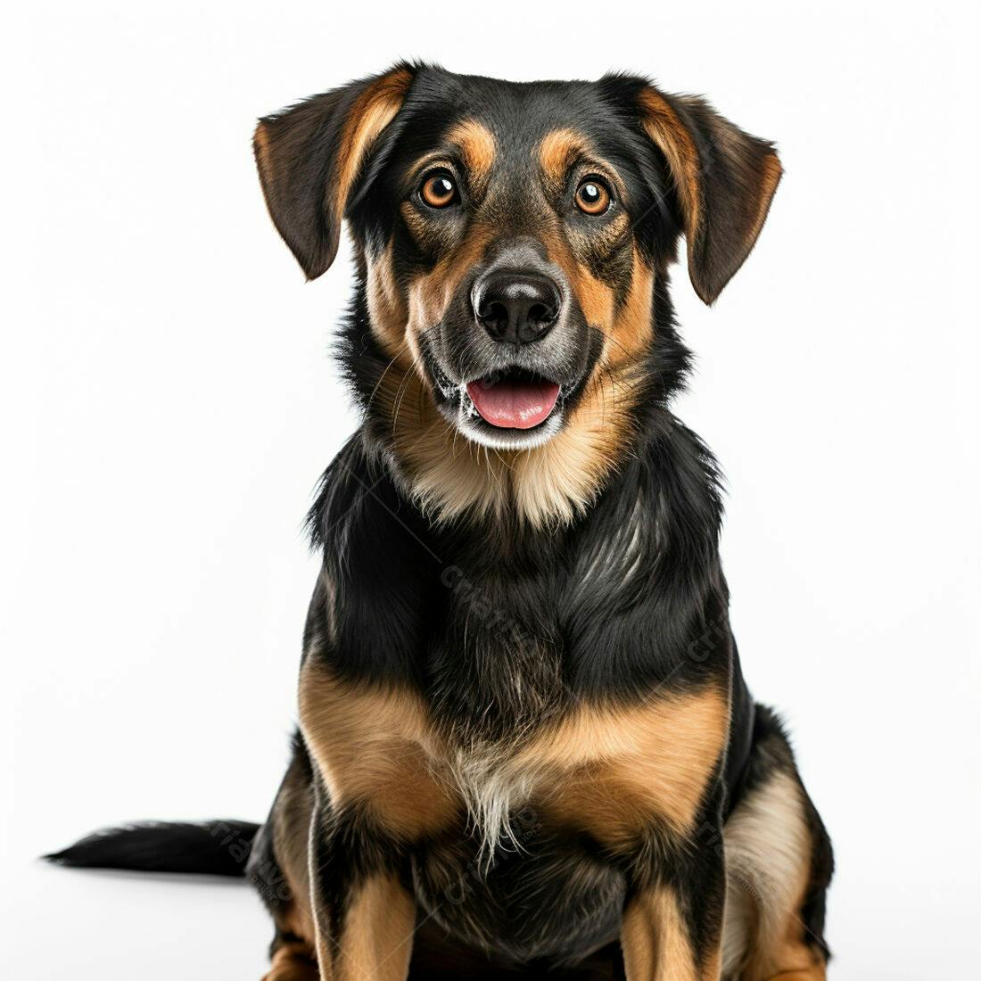 Cachorro feliz sentado fundo branco