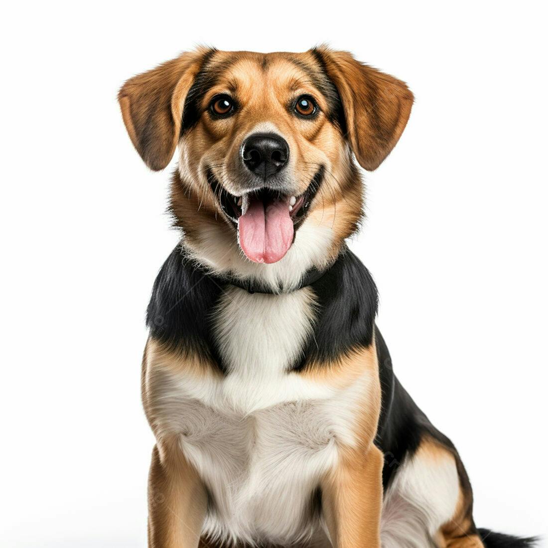 Cachorro feliz de pelagem tri-colorida
