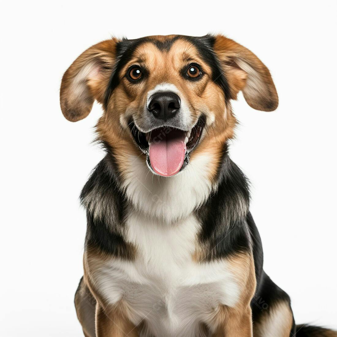 Cachorro feliz de pelagem tricolor fundo branco