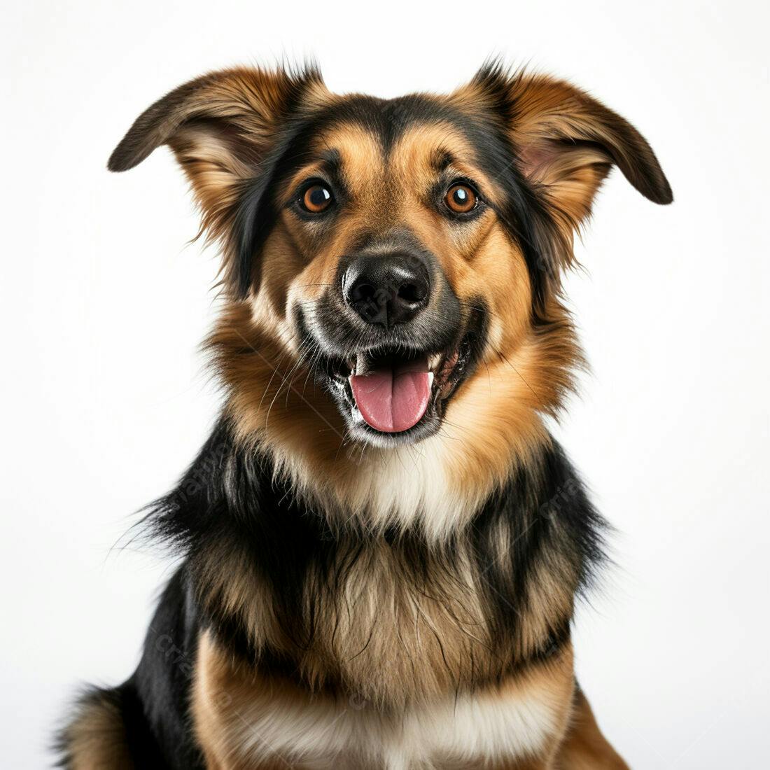 Cachorro feliz marrom e preto fundo branco