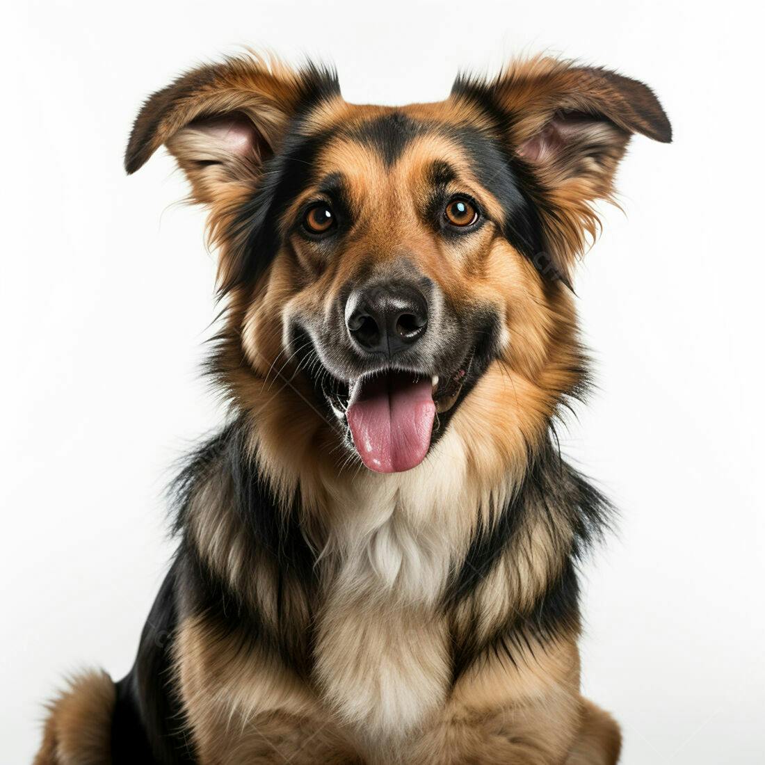 Cachorro sorridente marrom e preto fundo branco