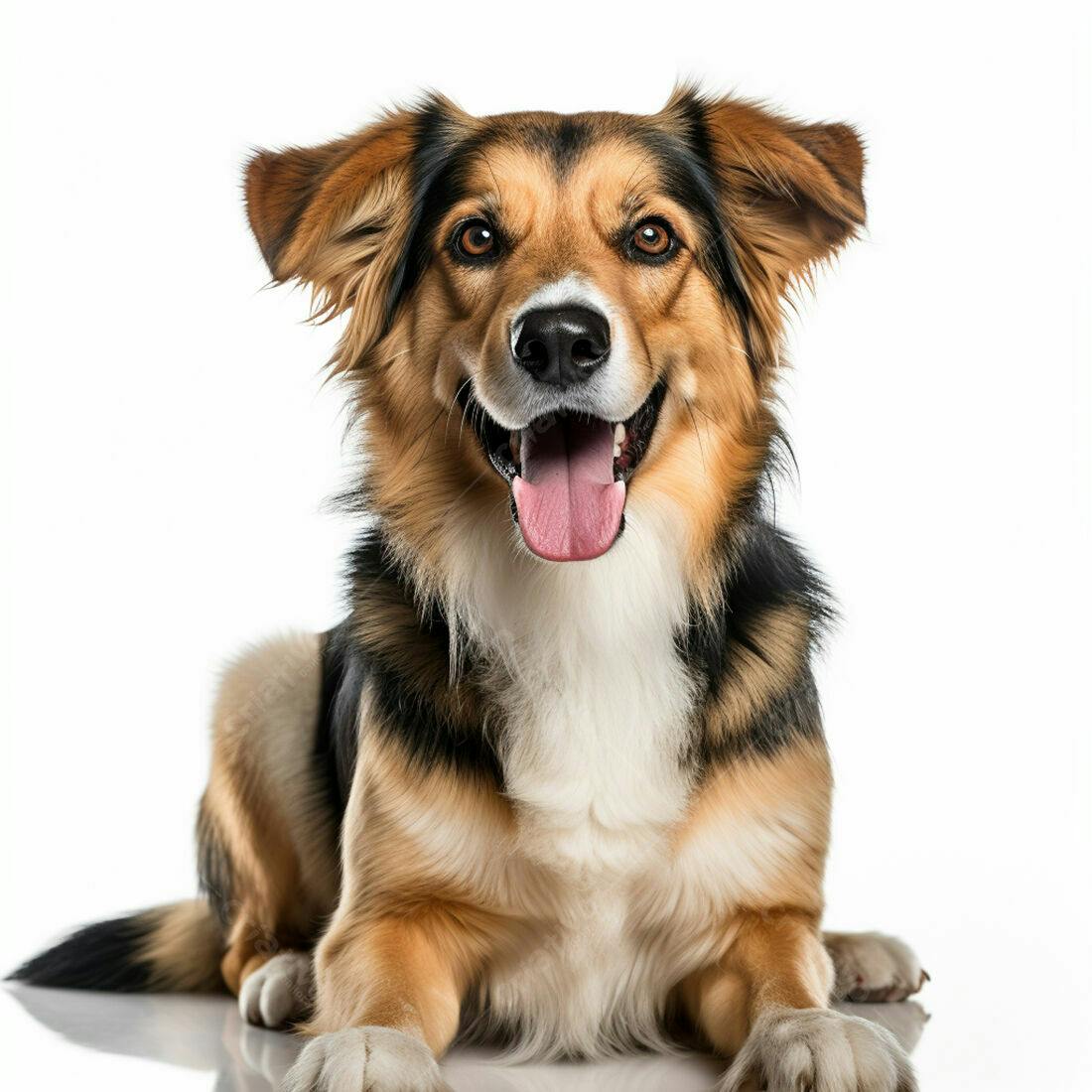 Cachorro feliz de pêlo marrom e preto fundo branco