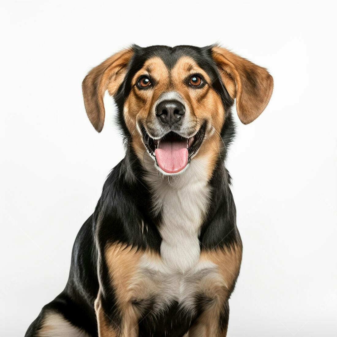 Cachorro feliz de pelagem tricolor fundo branco