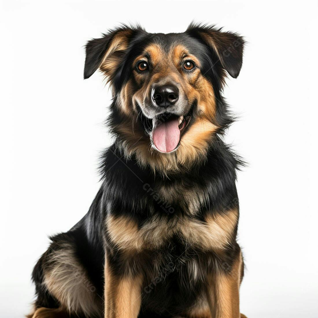 Cachorro feliz sentado fundo branco