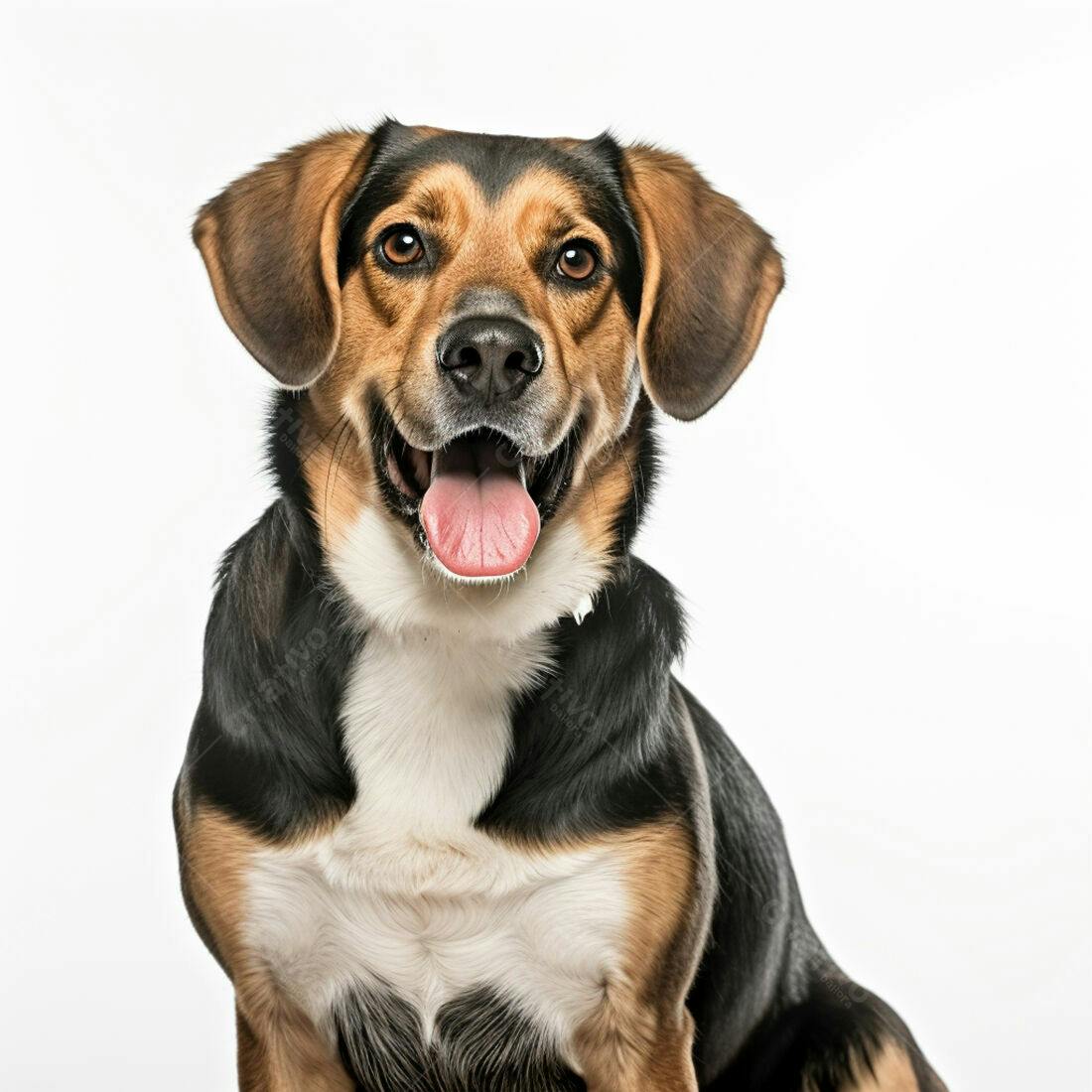 Cachorro feliz de pelagem tricolor fundo branco