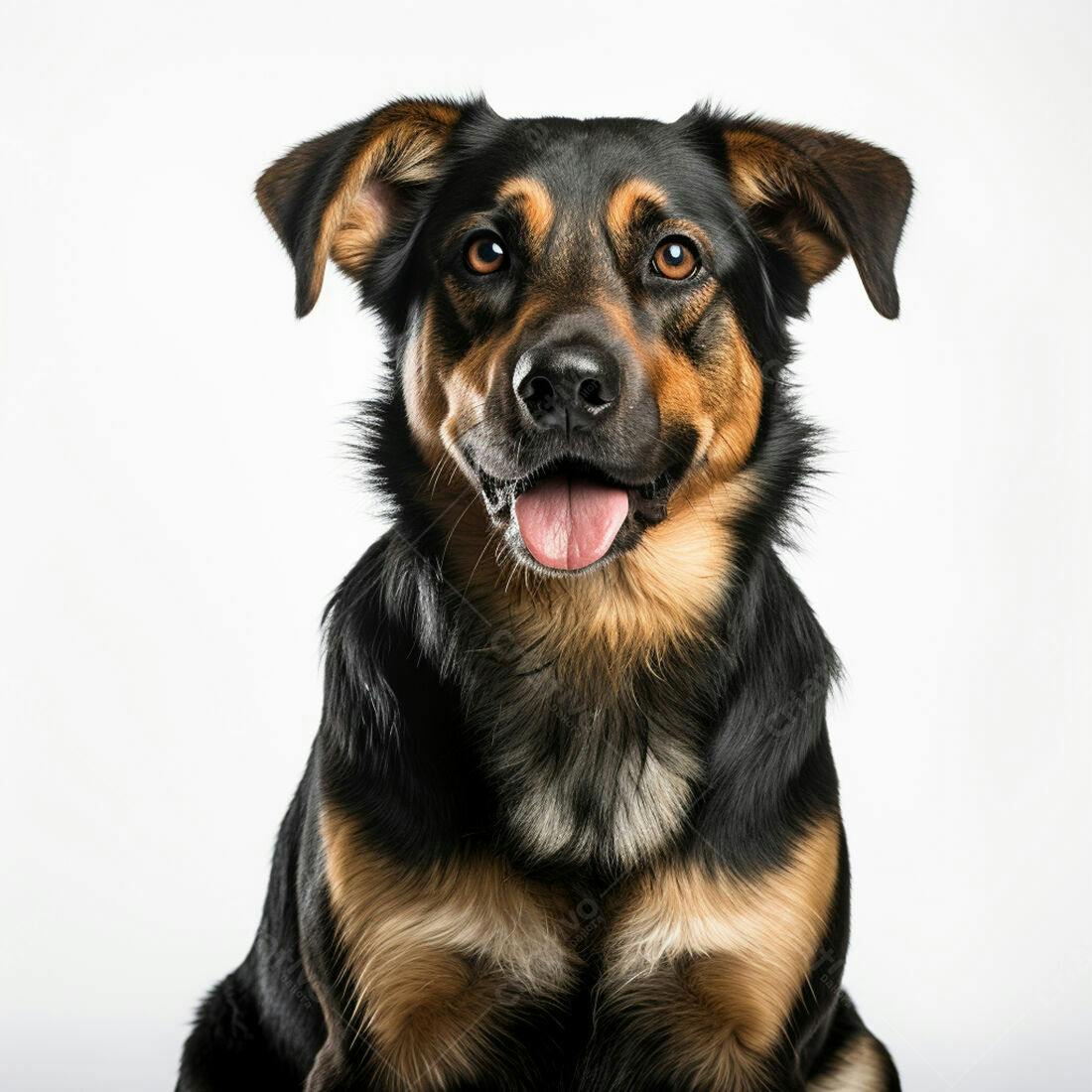 Cachorro preto e marrom feliz fundo branco