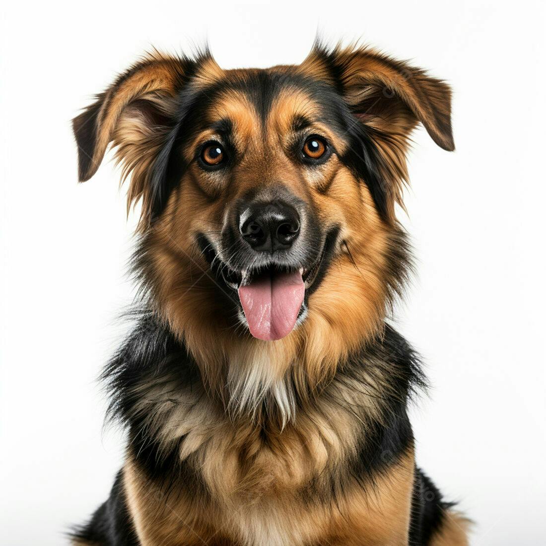 Cachorro feliz de pelo marrom e preto fundo branco
